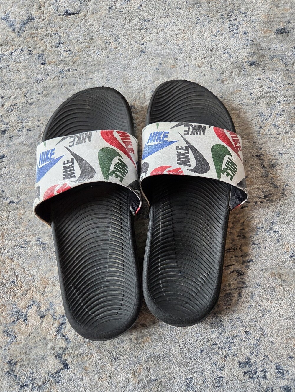 Nike Black Slide Sandals with White Strap and Red, Green, Blue Logos